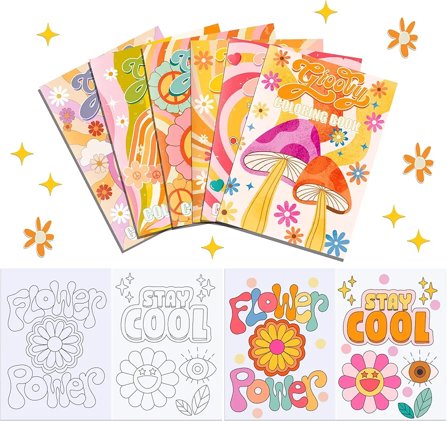 12 Pcs Bulk Boho Rainbow Hippie Bus Retro Flowers Coloring Books Boho Rainbow Party Favors Hippie Bus Bulk Mini Coloring Books Bulk for Kids DIY Art Drawing Activity Book Set