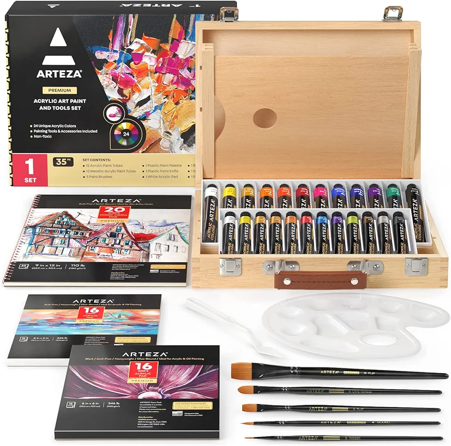 ARTEZA Acrylic Paint Set, 35-Piece Art Set, Includes 24 Acrylic Paints, 5 Brushes, 1 Paint Palette, 1 Paint Knife, 3 Painting Pads, and Storage Case, Art Supplies for Beginners and Aspiring Painters
