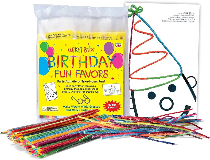 WIKKI STIX Birthday Fun Favors, pack of 20 individual fun favors, each with 12 and a birthday themed play sheet, Made in the USA