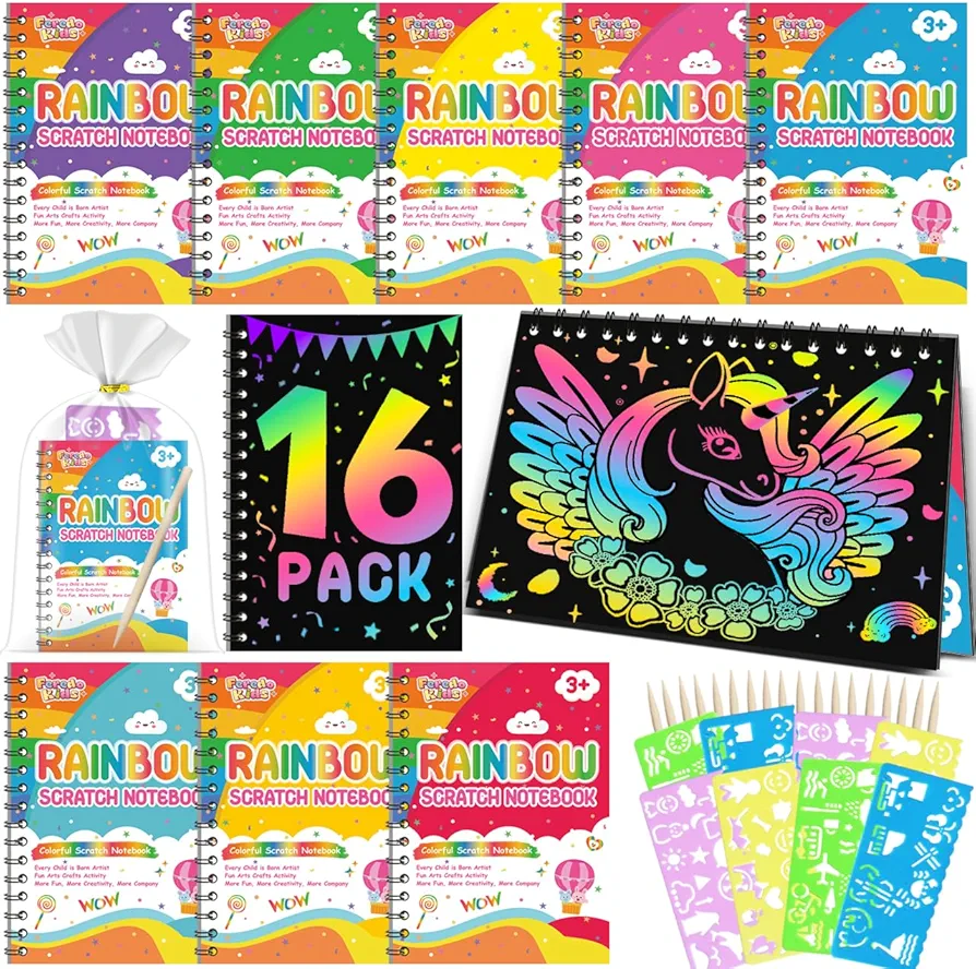 Scratch Art Party Favors for Kids: 16 Pack Rainbow Scratch Notebook Kids Art Supplies for Girls Boys 4-8 Years Old Kids Birthday Party Favors Christmas Gifts Classroom Prizes Goodie Bag Stuffers