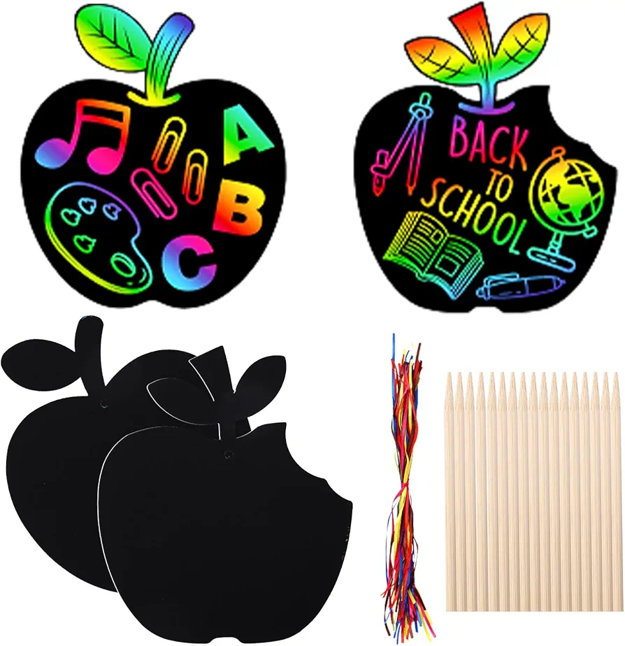 Whaline 60Pcs Back to School Scratch Art for Kids Apples Shape Rainbow Scratch Off Cards Craft Kit Fruit Magic Scratch Ornaments with Ribbons and Wooden Styluses for DIY Crafts Classroom Party Decor