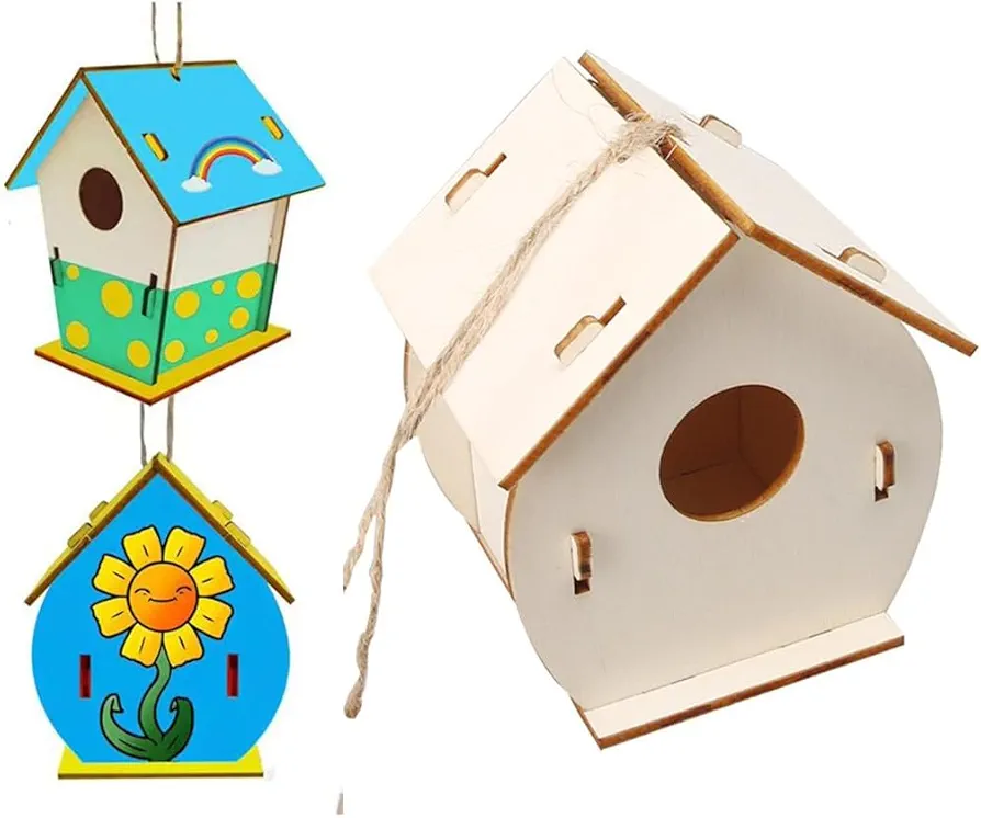 DIY Wooden Bird Houses, Unfinished Wood Birdhouse Kits, Hanging Birdhouse Wood Toys for Class Activity Project Parties Design, Creative Arts and Crafts Set for Kids and Adults(B)