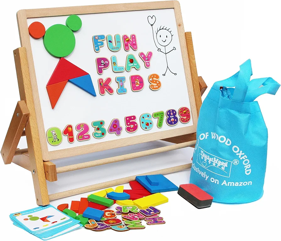 TOWO Wooden Easel for Children Foldable Double Magnetic Boards Magnetic Shapes Letters Numbers and Paper roll Kids Art Easel -Table Top Magnetic Board for Kids