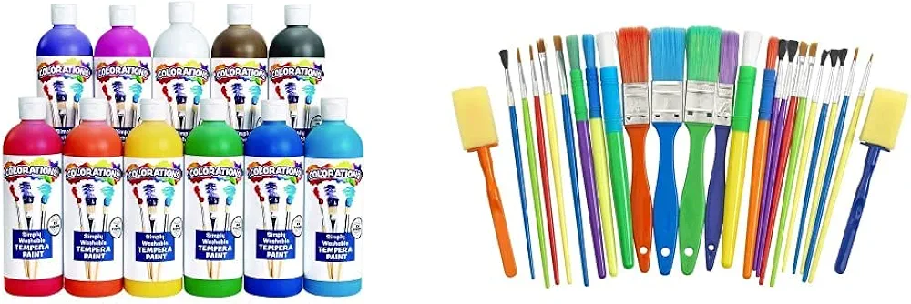 Colorations - SWT16 Simply Washable Tempera Paints, 16 fl oz, Set of 11 Colors, Non Toxic, Vibrant, Bold, Kids Paint, Craft, Hobby, Arts & Crafts, Fun, Art Supplies & 25 Assorted Paint Brush