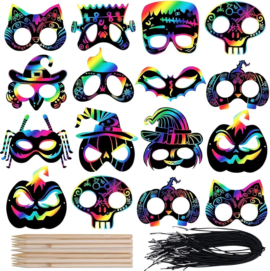 Thuodo Halloween Crafts 48PCS Halloween Rainbow Scratch Mask Magic Scratch Paper Art for Kids Classroom Activities Halloween Party Favors Party Games Projects Kits Birthday Gifts Decorations