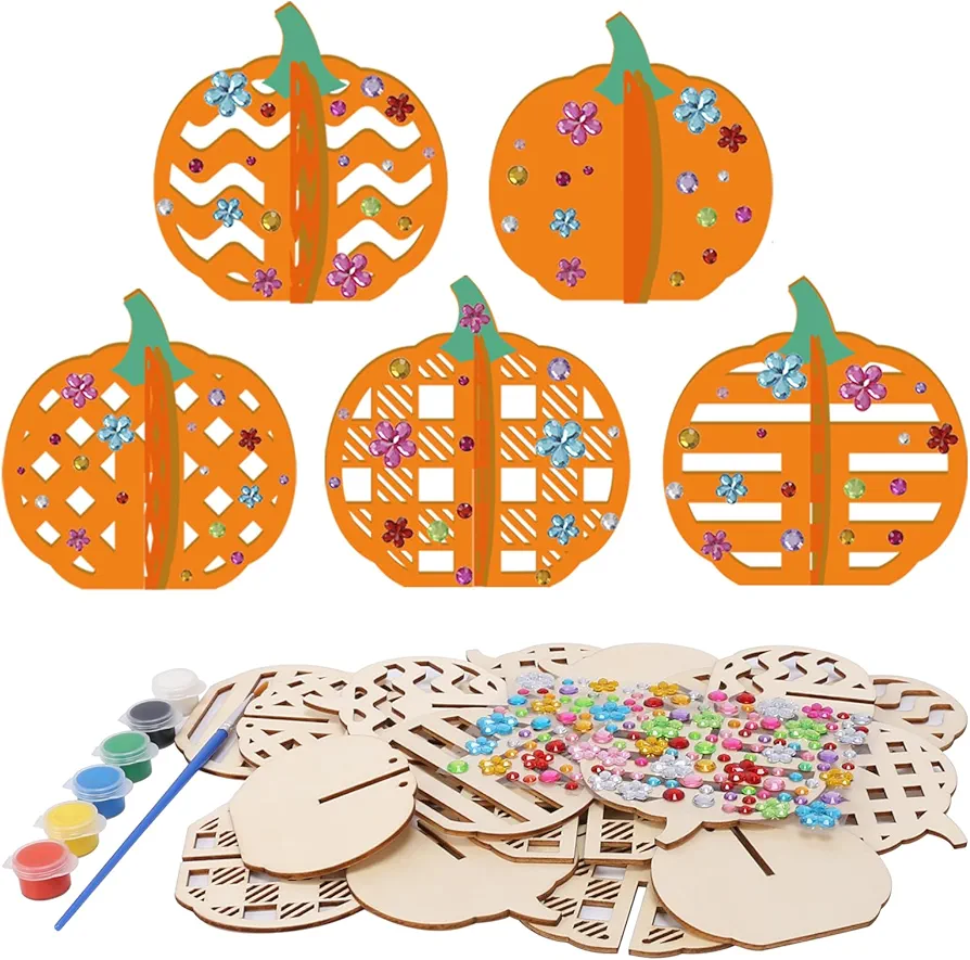 Fennoral 10 Pack Wooden Pumpkin Crafts for Kids Make You Own 3D Pumpkin DIY Coloring Wooden Fall Art and Craft for Girls Boys Table Window Decoration Halloween Autumn Thanksgiving Gifts