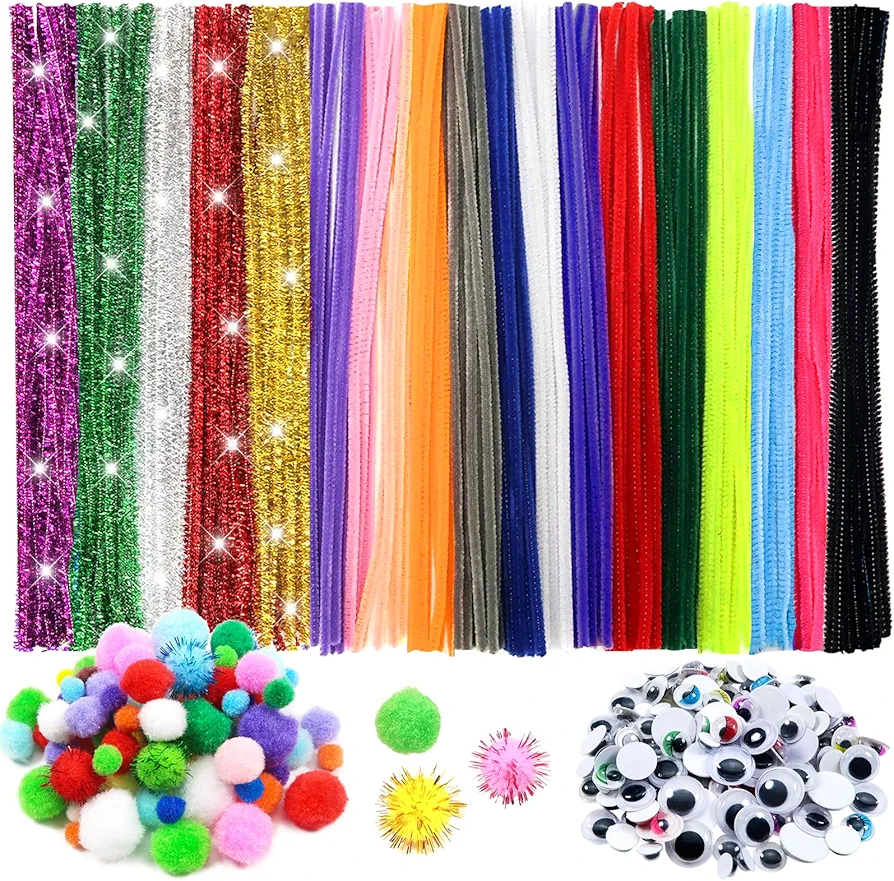 TOAOB 500pcs Pipe Cleaners Crafts Supplies Set Includes 100pcs Chenille Stems 250pcs Pom Poms 150pcs Self Adhesive Wiggle Googly Eyes Assorted Color and Size for Craft DIY Art Supplies