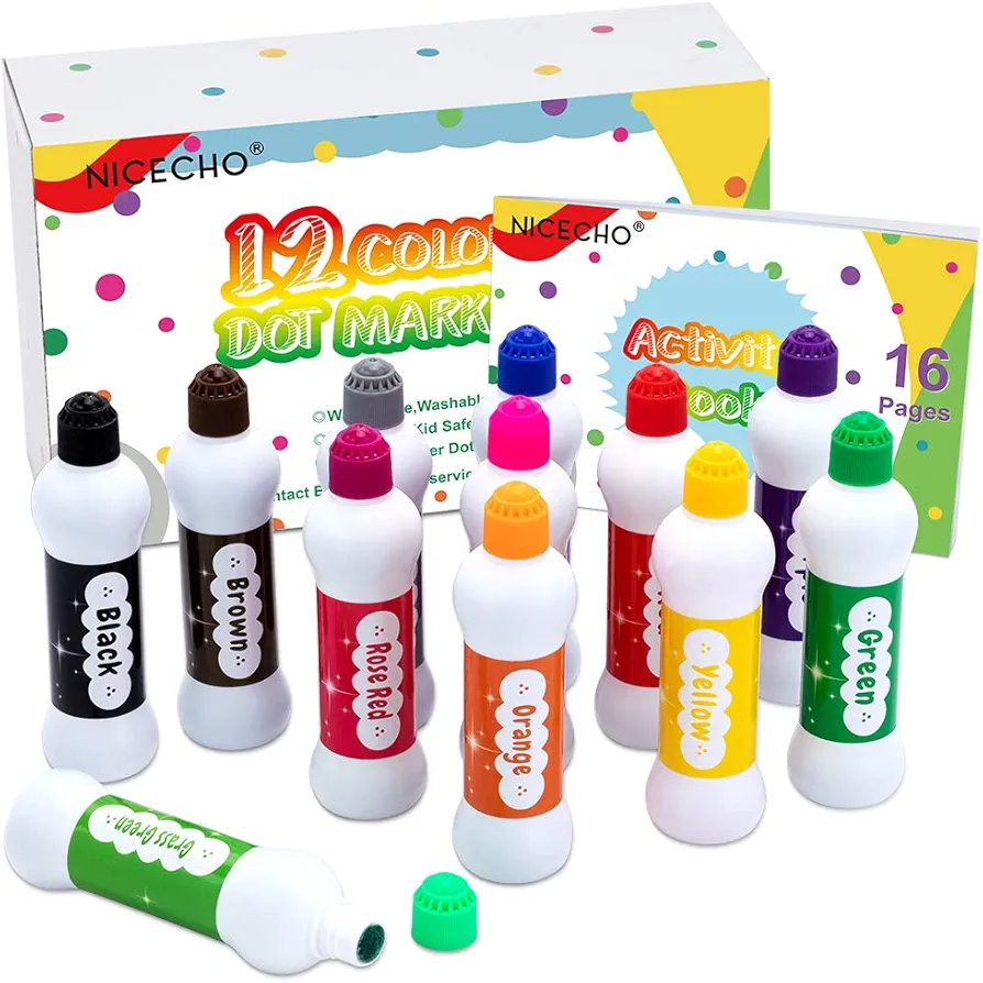 Nicecho Dot Markers Kit, 12 Colors Washable Fun Art Marker for Toddlers, Bingo Daubers for Preschool Children, Dab Paint Marker Set Coloring Supplies Including Activity Book