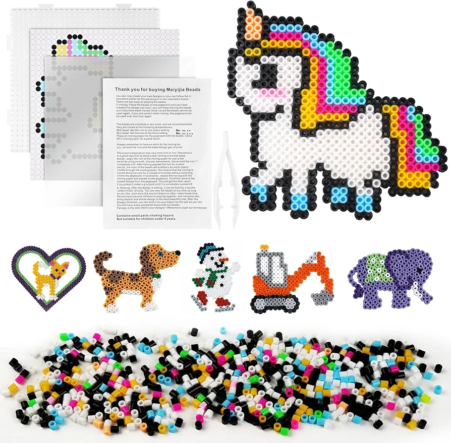 AUAUY Fuse Beads Kit, 600pcs 5mm Iron Beads Set for Kids, DIY Art Craft Toys Iron Beads, with Unicorn Pattern Cards, Pegboards, Tweezers, Ironing Papers, Christmas Birthday Gift for Boys and Girls