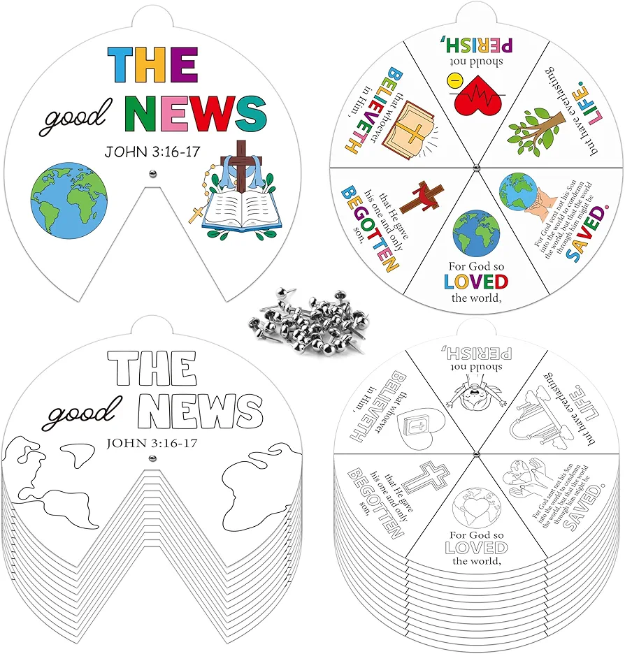 COcnny Religious Coloring Wheel Craft - 24 Sets Color Your Own Art Spining Cards for Kids, The Good News John 3:16 Wheel Kit DIY Craft Art Cards for Sunday School Christian Classroom Home Activities