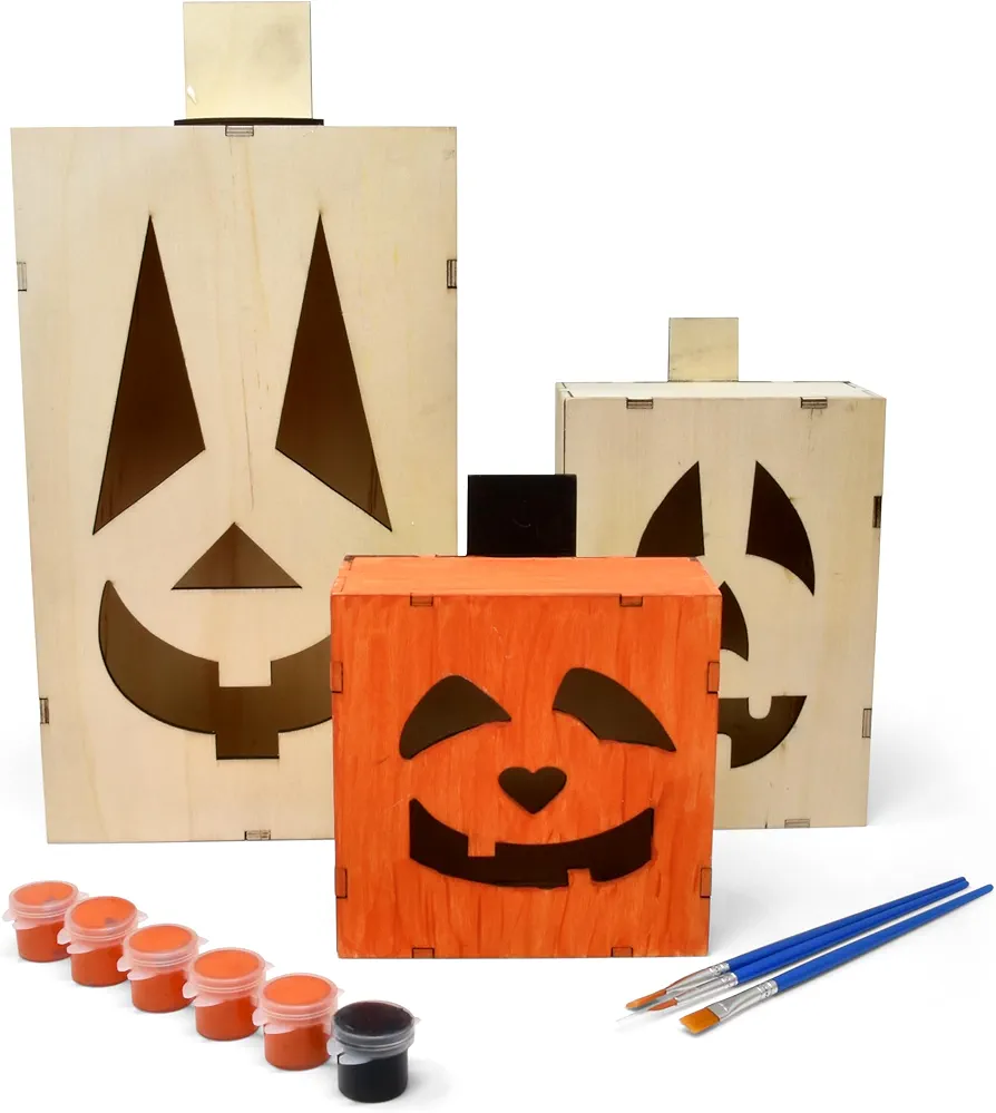 Gift Boutique Halloween Pumpkin Wood Paint Craft Kit 3 Set Sizes Jack O Lantern Unfinished Wooden for Kids Arts & Craft Project Painting Activity