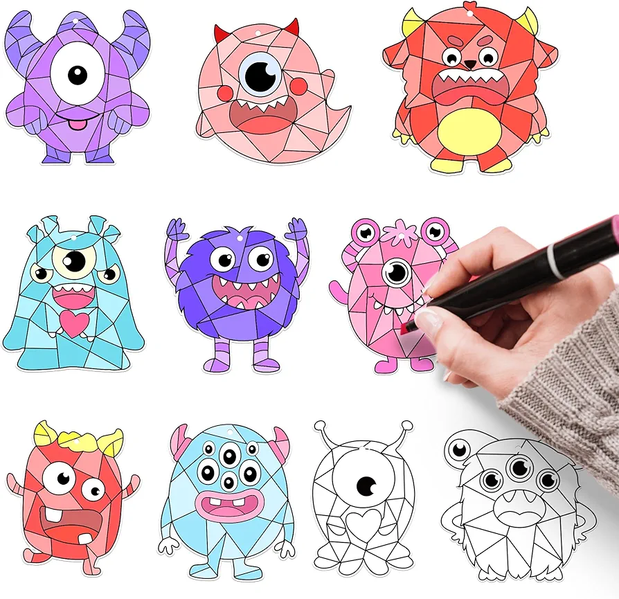 X1zuue 80Pcs Monster Coloring Craft Kits for Kids, DIY Monster Craft Color Your Own Monster Ornament Bulk Monster Coloring Paper Decorative Kit for Preschool Home Class Game Activities Party Favors