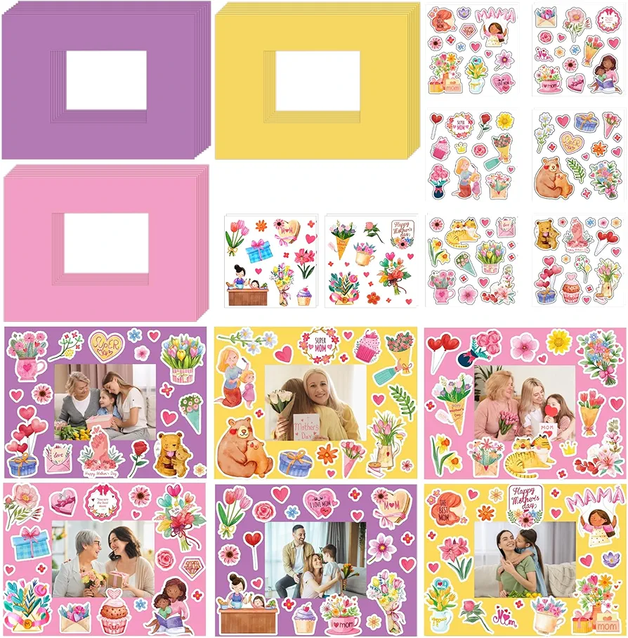 CIEOVO 24 Packs Mother's Day Craft Kits, Love You Mom Picture Frame DIY Craft Art and Stickers for Mother's Day Kid's Home Classroom Game Activities Mother's Day Party Favor Decor