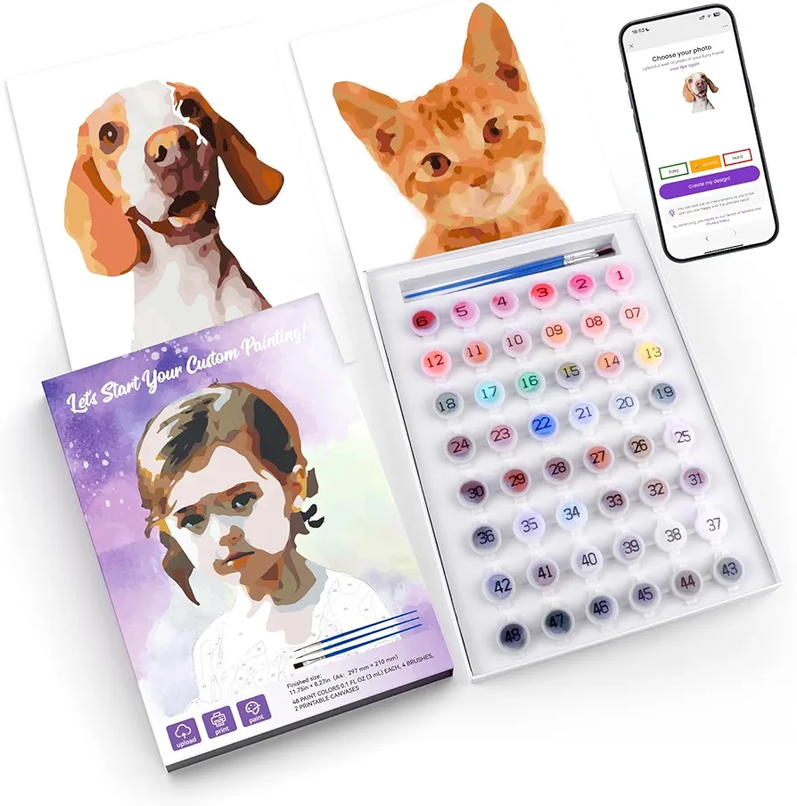 VNH Personalized Paint by Numbers Kit for Adults,Customized DIY Paint by Numbers Technology Set Painting,3 Pcs Paintbrushes,4 Pcs Printable Canvas,48 Acrylic Pigment
