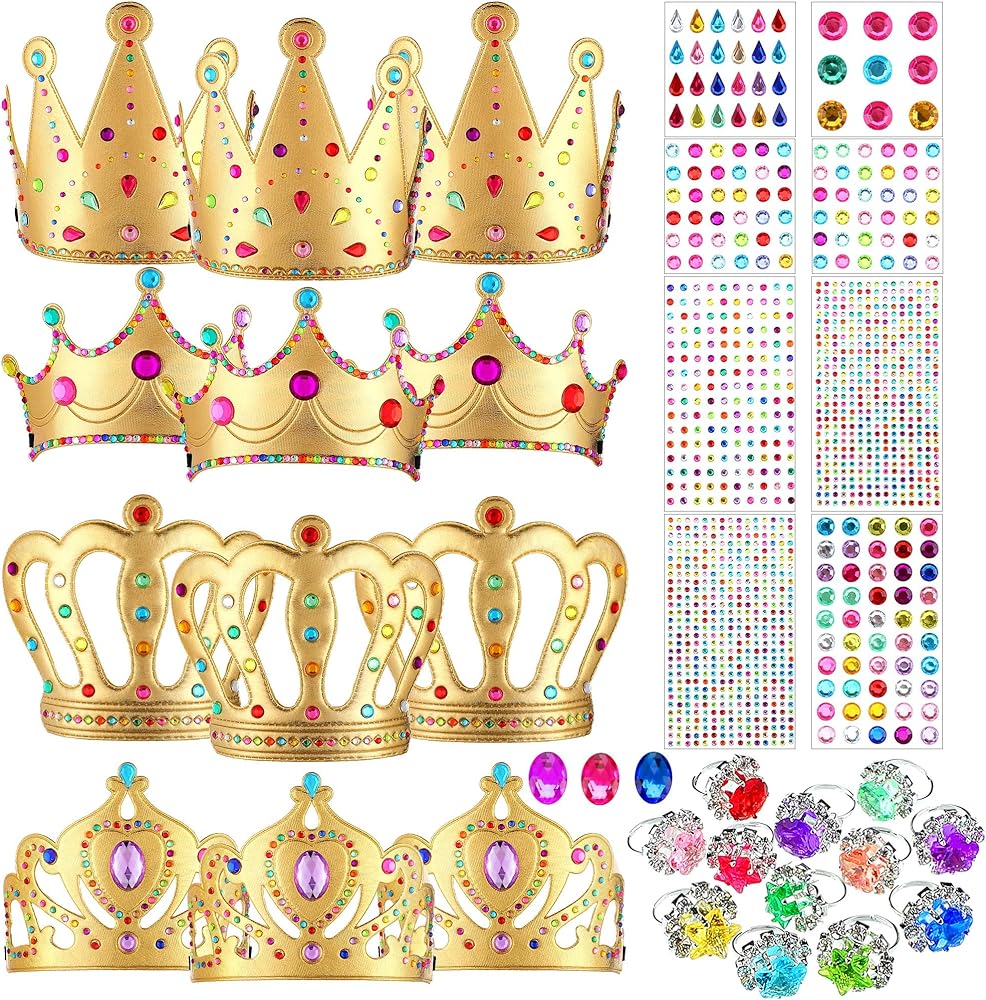 12 Pieces Foam Princess Tiaras Crown for Kids 928 Pieces Gem Stickers 12 Gem Rings Craft Making Kits Birthday Party Favors