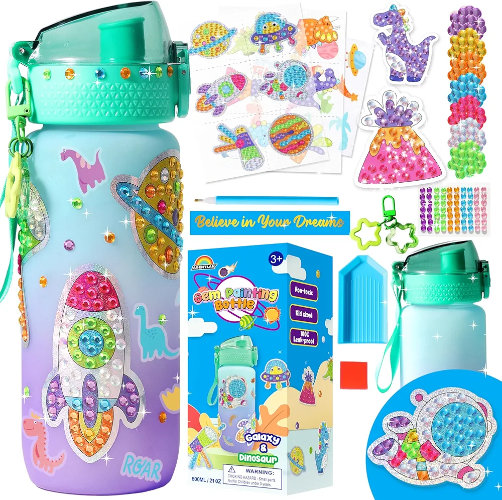 AGENTLAN Decorate Your Own Water Bottle Kit for Boys,Dinosaure and Space Diamond Painting Kits,20oz Leak-Proof Bottle for School,Arts and Crafts,Diamond Art Kits for Age 6 7 8 9