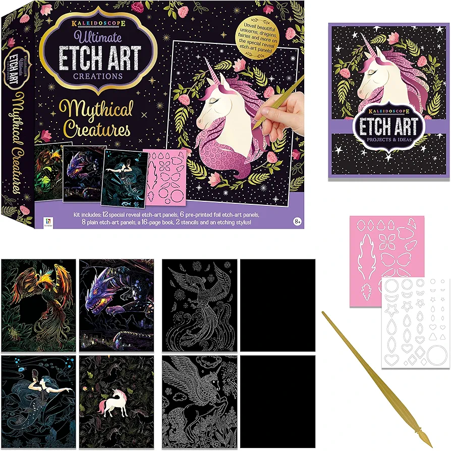 Kaleidoscope - Ultimate Etch Art Kit - Mythical Creatures - Fantasy Etch Art Panels with Unicorns and Dragons - Mess-Free Arts and Craft Kits for Adults, Medium