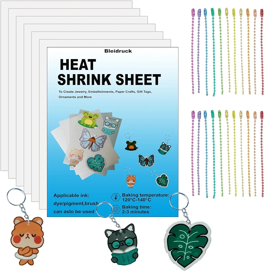 Bleidruck 50 Pieces Shrink Plastic Sheet Kit Include 30 Pieces 8x5.7 inch Shrink Plastic Sheets with 20 Pieces Ball Chains for DIY Creative Craft