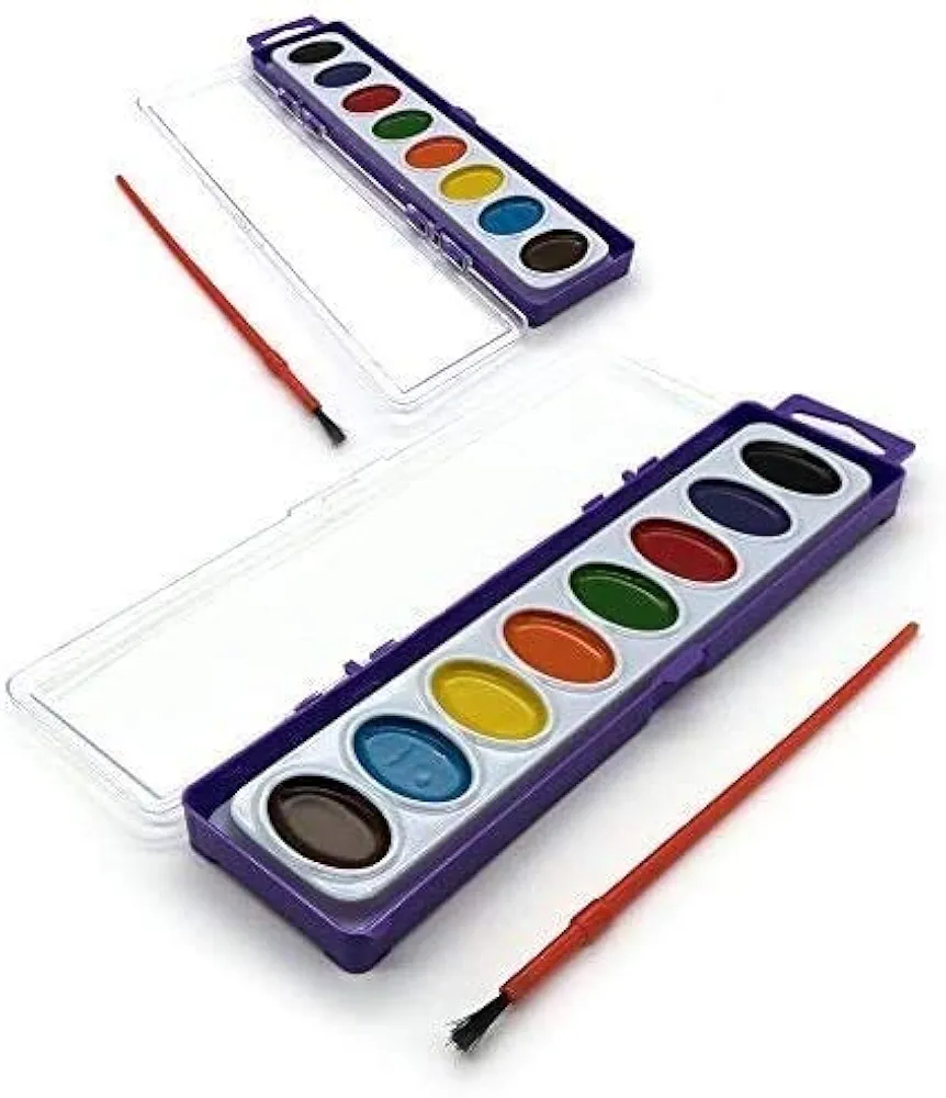 Emraw Assorted 8 Ct Color Washable Paint Easy Take-Off Semi Moist Watercolors with Brush Art Craft Tool - for School & Home (Pack of 2)