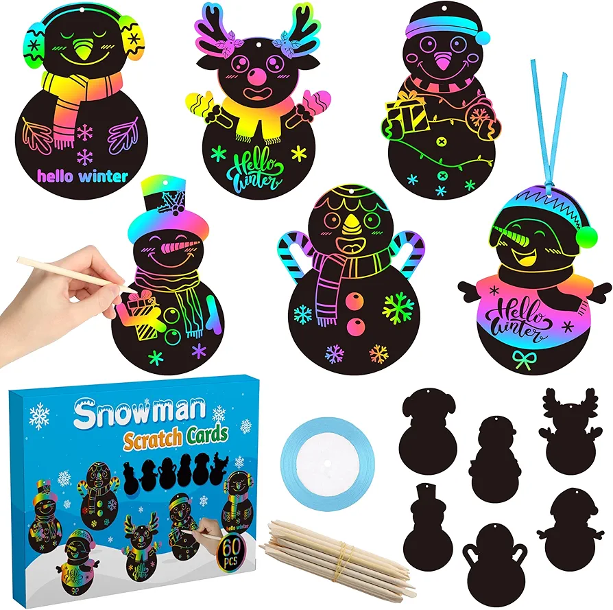 CY2SIDE 60PCS Snowman Rainbow Color Scratch Cards Gift Set for Kids DIY Winter Snowman Hanging Scratch Cards for Kids Snowman Magic Art Rainbow Color Craft Kit for Winter Christmas Party Favors