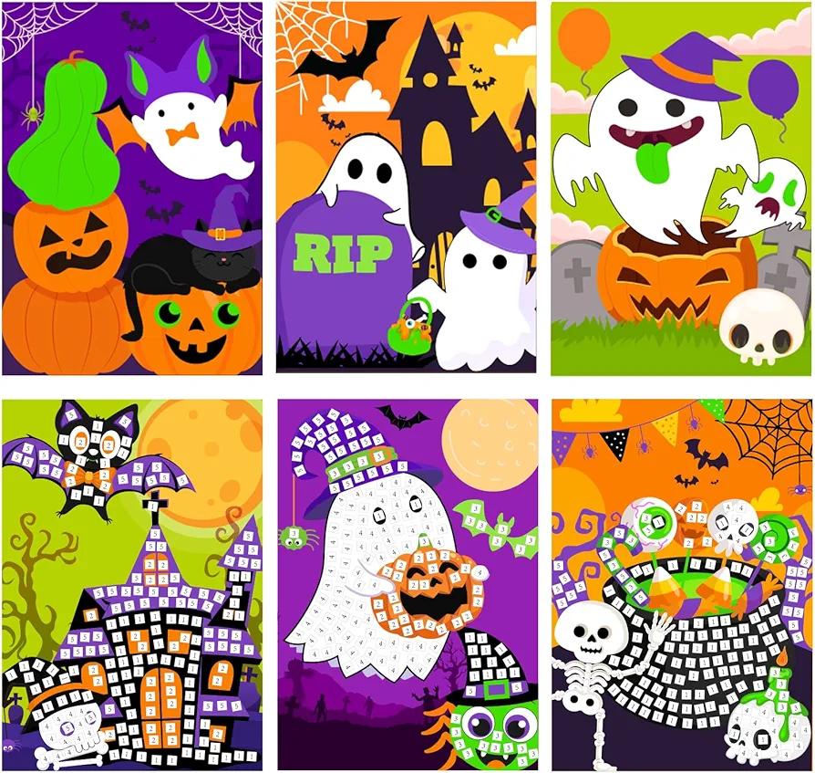 Cheerupp 6 Pc Halloween Mosaic Sticker Art Crafts for Girls and Boys, Spooky Foam Mosaic Creative DIY Sticker-by-Number Handmade Kits, Halloween Themed Party and Activity Favors Decorations Supplies
