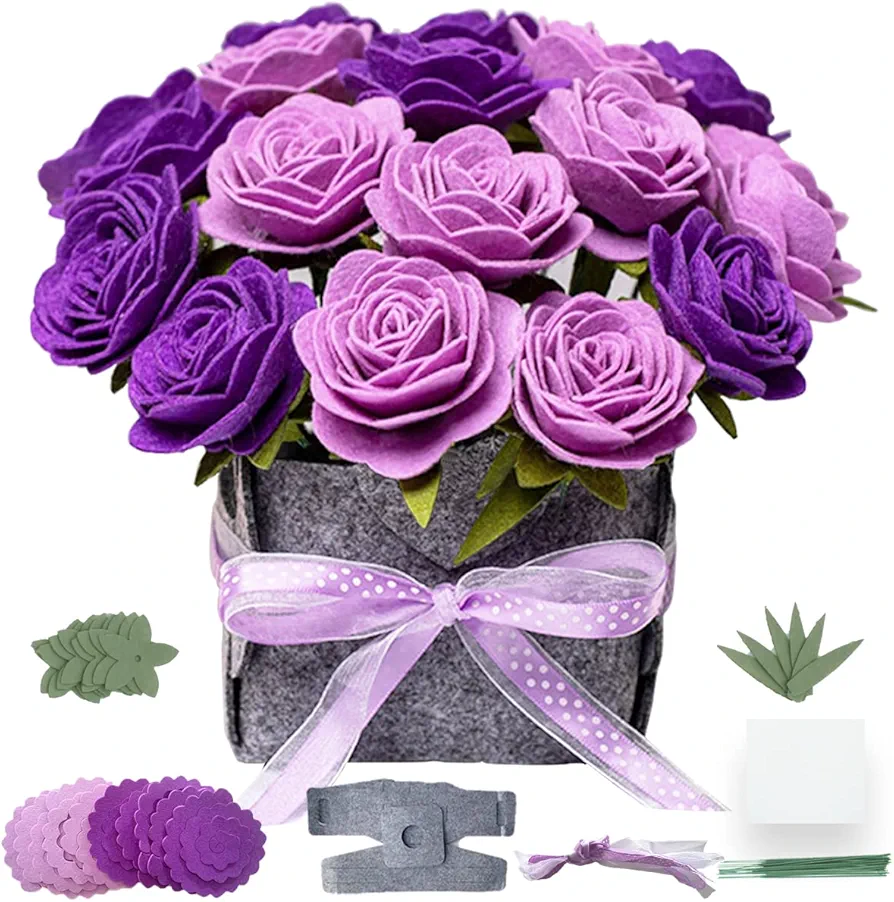 BAZIMA DIY Felt Flower Art Craft Kit, DIY Felt Purple Rose Pot Bonsai Kit, Floral Gifts,Beginner Craft Kit,Arrange Pre-Cut Felt Flowers and Foliage