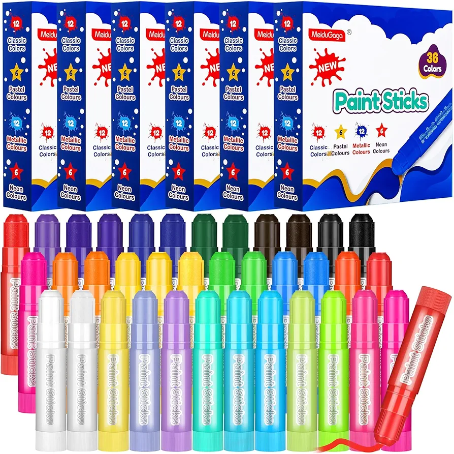 Fulmoon 216 Pcs Tempera Paint Sticks for Kids 36 Colors Washable Paint Sticks Bulk Quick Drying Paint Crayons for Children Art Supplies Paper Wood Glass Rock Poster Canvas
