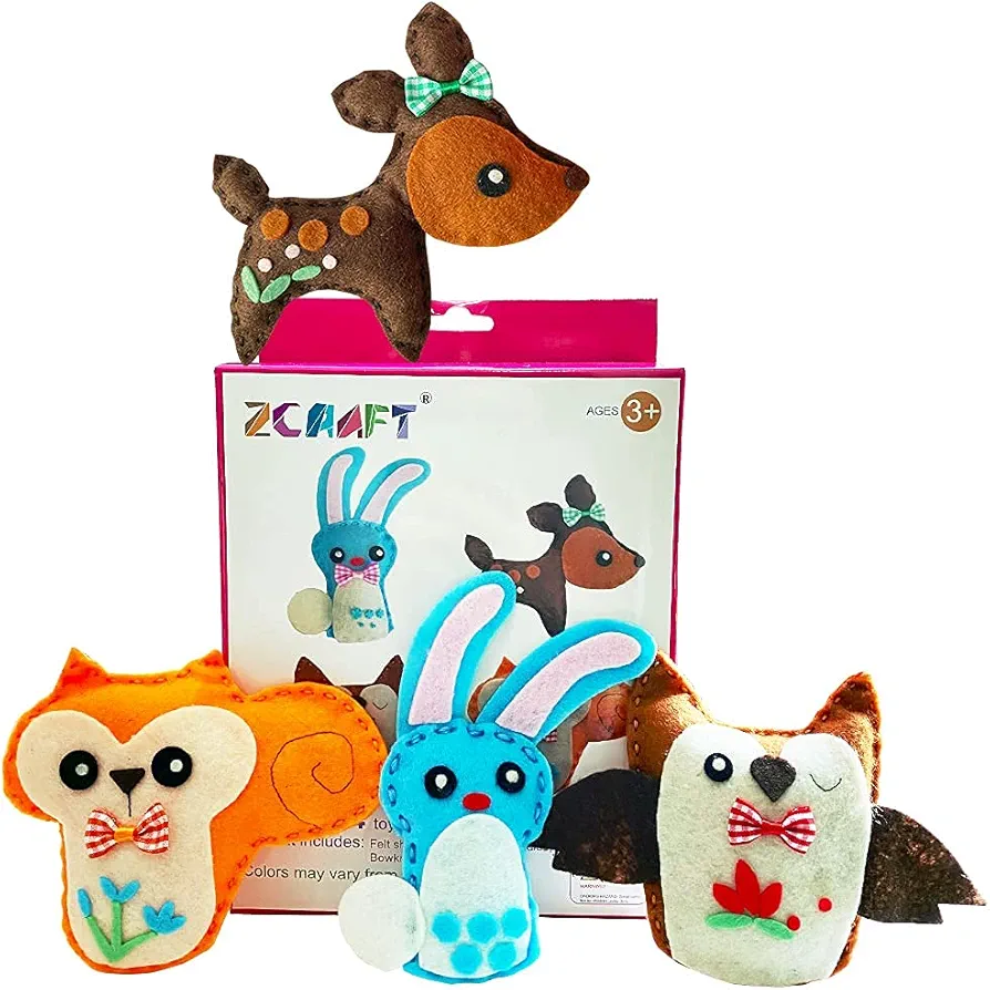 MOVEBO Felt DIY Sewing Crafts Animal Crafting Sewing Kit Fun DIY Stuffed Animal Sew Kits for Kids Boys and Girls (4 Animal Toy DIY Set Including Rabbits, Owls, Squirrels, Deer)