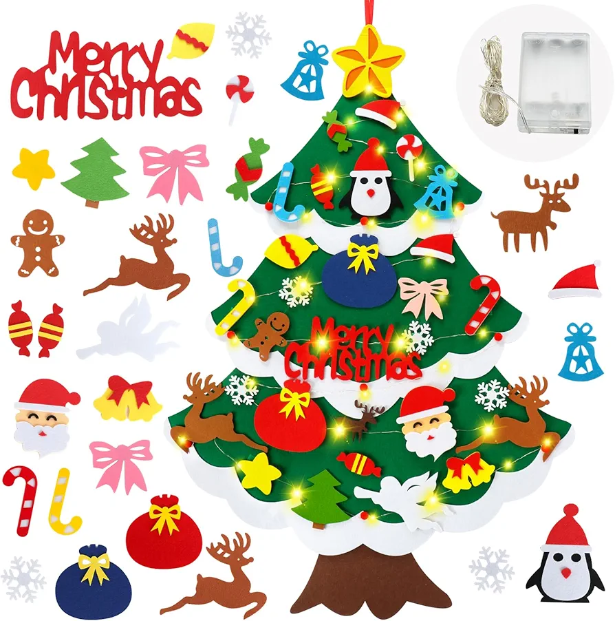 HEGGCOOE DIY Felt Christmas Tree Set with String Light for Kids Toddlers,3.2ft Wall Hanging Christmas Tree with Detachable Ornaments,DIY Felt Tree Craft Kits for Xmas Gifts Home Door Decoration