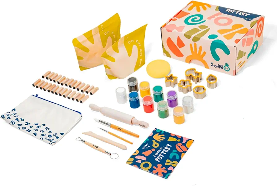 Sculpd Kids Pottery Kit, Air-Dry Clay Starter Kit for Kids Age 4 to 6, Air Dry Clay with 10 Colour Paint Set, Paintbrushes, Tool Set, Alphabet Stampers, Sponge and Step-by-Step Guide