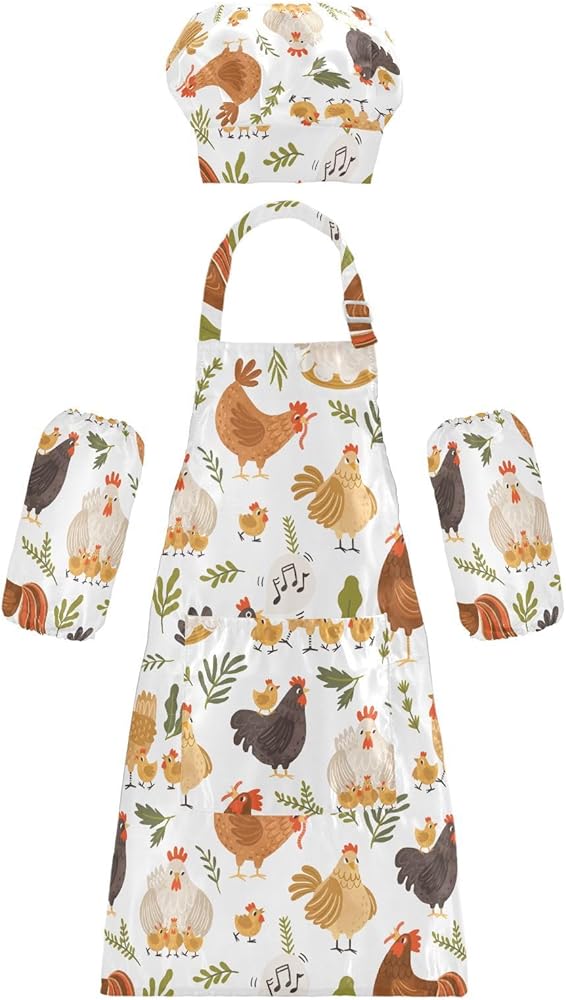 Cute Roosters Chickens Kids Apron And Chef Hat Set for Boys Girls Cooking Adjustable Aprons Toddler Child Apron with Pocket Lightweight Art Chef Gardening Apron for Crafting Painting Baking