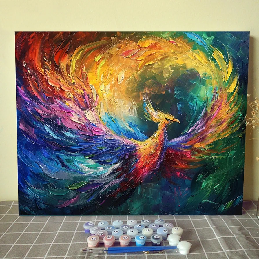 Fantasy Fire Animal Paint by Numbers Kits with Brushes Acryli Flying Fire Phoenix Oil Painting for Adults Kids Wildlife Pictures 16 x 20 inch Canvas Arts Craft Bedroom Office Decor Gift(DIY Frame)
