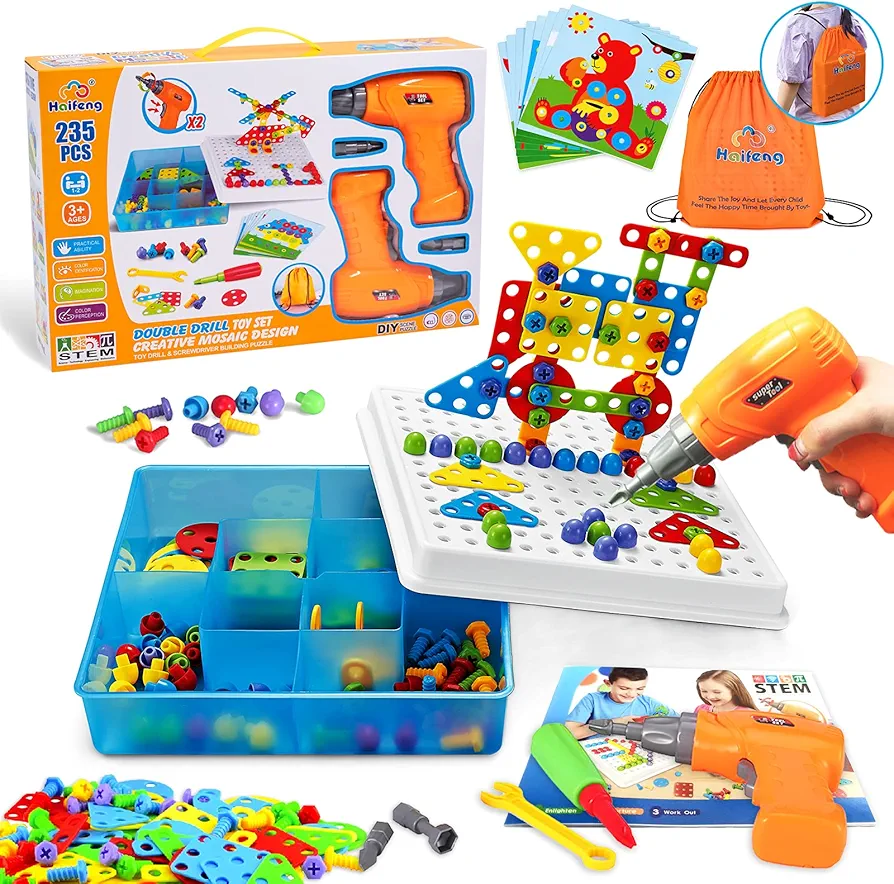 Haifeng Drill Set Building Blocks, STEM Toys for 3 4 5 6 Year Old, 235 Pieces Double Toy Drill and Screwdriver Tool Building Toys Kit, Creative Mosaic Drill Set