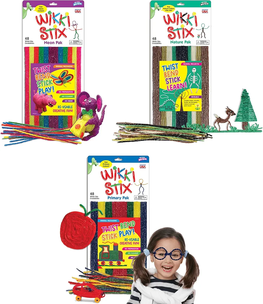 Wikki Stix Arts and Crafts for Kids Triple Play Pack, Non-Toxic, Waxed Yarn, Fidget Toy, Reusable Molding and Sculpting Playset, American Made, 3 Color Sets, 144 Count