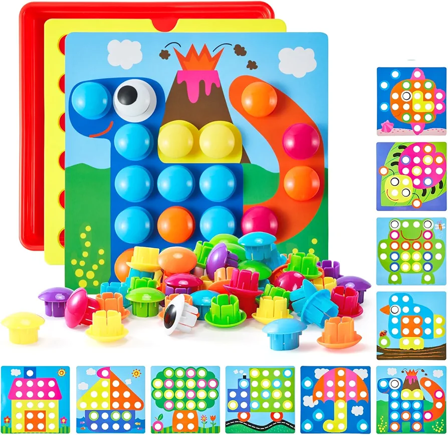 Geekper Button Art Toys for Toddlers, Color Matching Mosaic Pegboard, Early Learning Educational Toys for 3, 4, 5, 6 Year Old Kids Boys and Girls Christmas Gifts, 10 Pictures and 58 Buttons