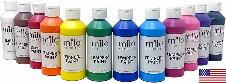 milo Tempera Paint Set of 12 Colors | 8 oz Bottles | Made in the USA | Washable and Non-Toxic Art & Craft Poster Primary Paints for Artists, Kids, & Hobby Painters