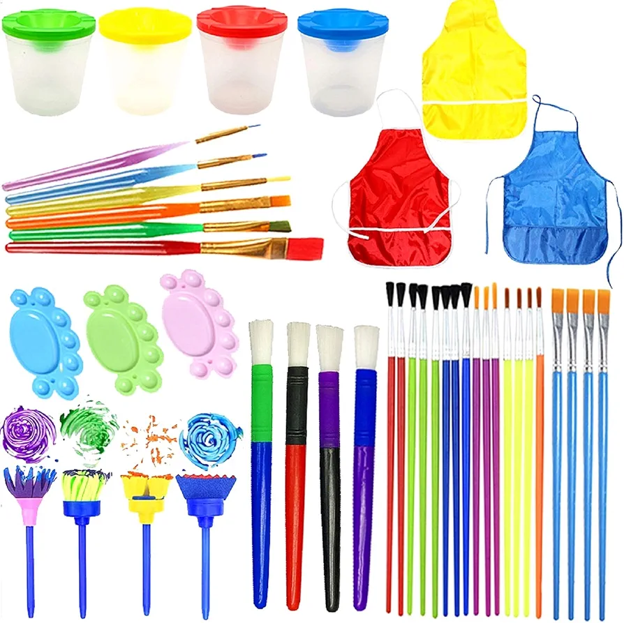 Kids Paint Brushes 43PCS - Paint Pen Brushes Set,Art Smock,No Spill Paint Cups with Colored Lids,Kids Toddler Paint Brushes Preschool Paint Brushes for Washable Paint Acrylic Paint Craft