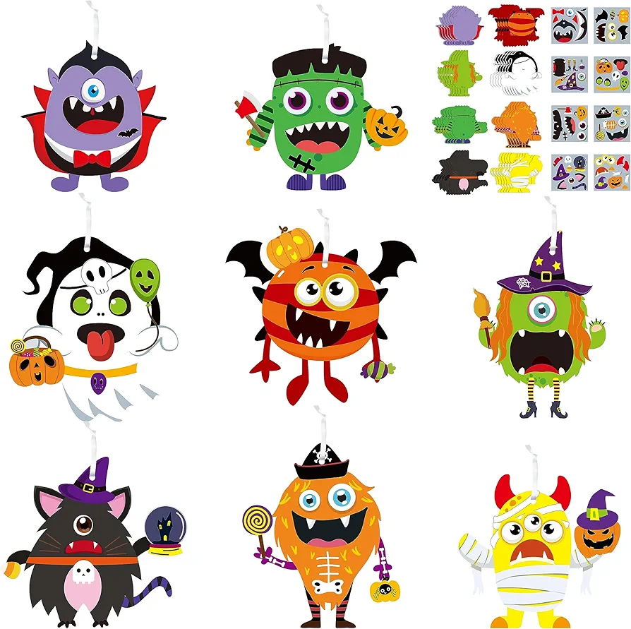 WATINC 123pcs Halloween Monster Crafts Kits for kids, Halloween Hanging Ornaments DIY Make Your Own Monster Set Art, Halloween Handcraft Home Classroom Game Activities Party Favors Tree Decoration