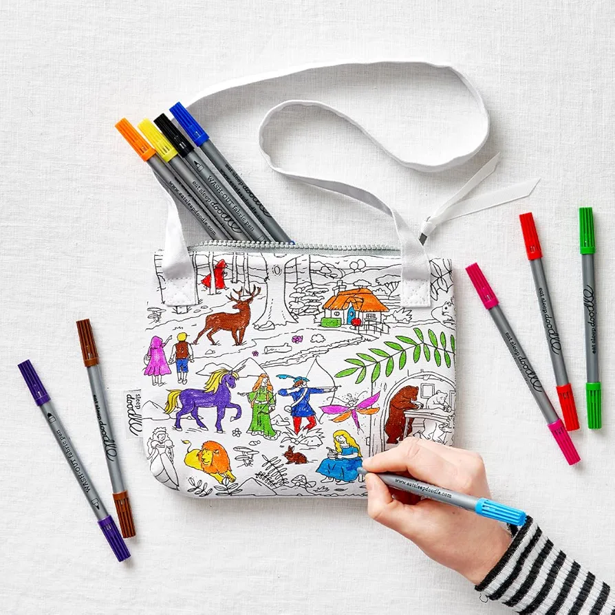 eatsleepdoodle Fairy Tale Coloring Crossbody Bag for Kids w/ 10pk Washable Markers for Kids - 8.5x7in Kids Color-in Crossbody Bag