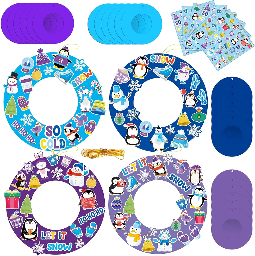 chiazllta 24Pcs Winter Wreath Craft for Preschool Kids,DIY Winter Paper Art Craft Kit with Assorted Snowman Snowflake Stickers Home Classroom Indoor Game Activities