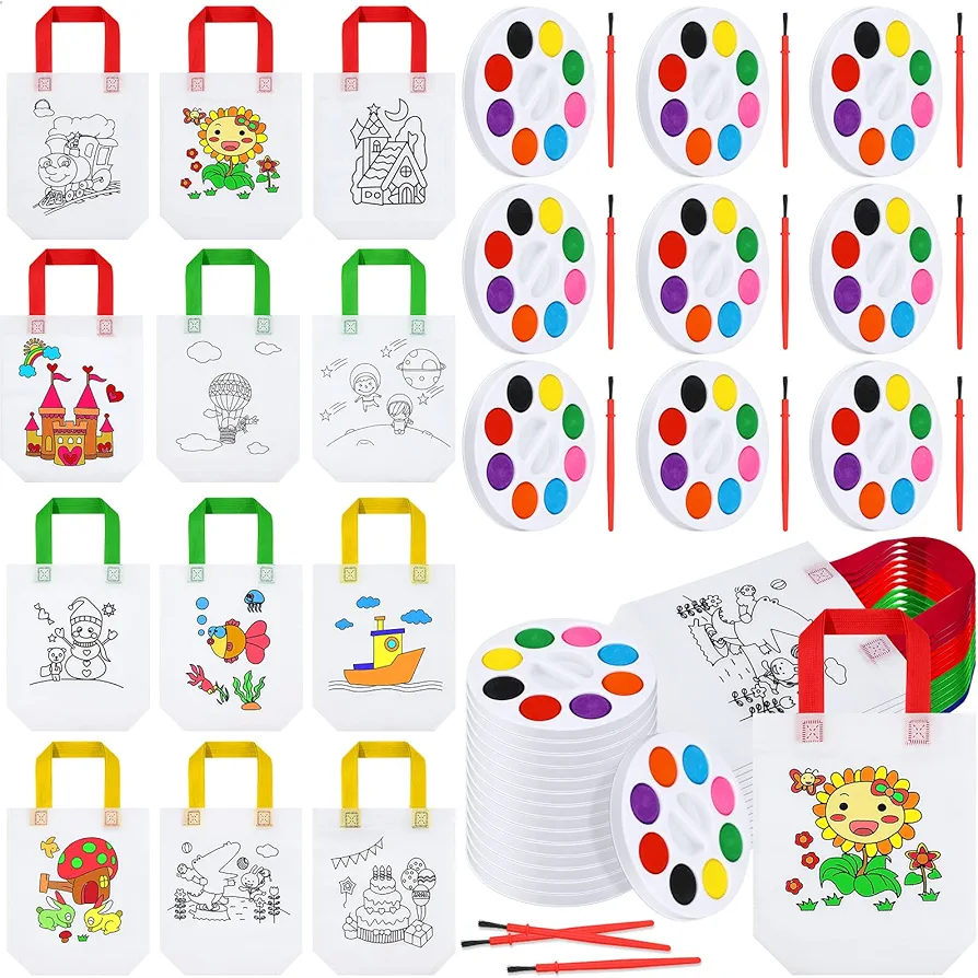 Sweetude 24 Pack Watercolor Paint Sets Coloring Goodie Bags 100 Days of School Art Party Favor Bags Animal Art Goodie Bags Painting Brush DIY Crafts Supplies Kid Gift(Round)
