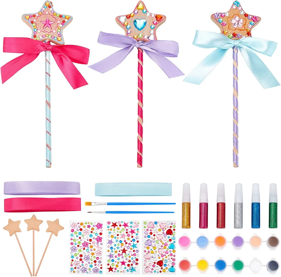 WEBEEDY 3 Set Princess Wand Kit Fairy Wand Art Craft Kit Include Wands Gem Stickers Ribbons Make Your Own Princess Wand Magic Fairy Wand Stick Unfinished Wooden DIY Wands for Girls