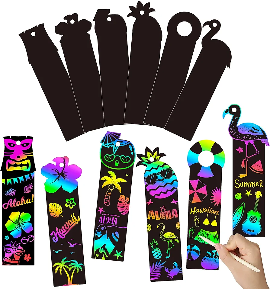 WATINC 60pcs Hawaiian Scratch Art Bookmarks for Kids, Hawaii Summer Party Favors Scratch Off Card Craft Kit, Magic Color Tropical Luau Pineapple Flamingo DIY Classroom School Drawing Paper