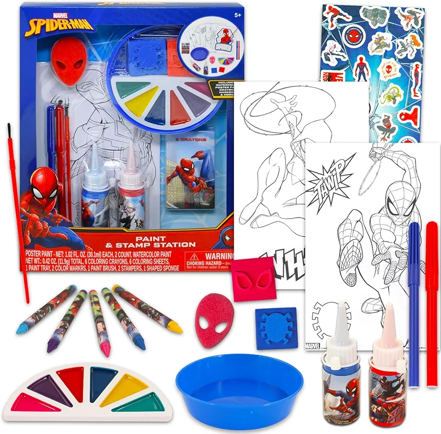 Spiderman Stationery Set for Boys - Bundle with Spiderman Art Set Poster Paint, Watercolor Paint, Coloring Utensils, Coloring Sheets, More Plus Spiderman Stickers | Spiderman Art Kit