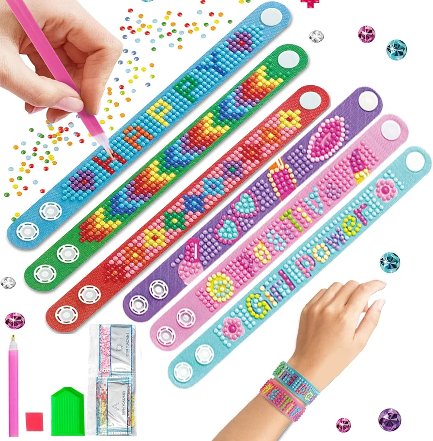 Withinafootof 5D Diamond Art Craft Painting Bracelets 6Pcs DIY Diamond Wristbands Mosaics Stickers Kit for Kids Girls Jewelry Making Arts Crafts Embroidery Supplies