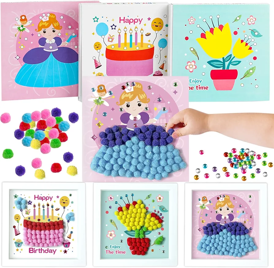 JOFONY 3 PCS DIY Pom Pom Art Painting Kit,Makes 3 Art Pieces DIY Cake Princess Flowers Pom Pom Arts and Crafts for Kids Boys and Girls Age 3+ Toddler