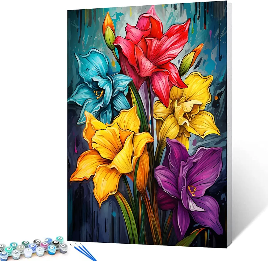 Graffitic Daffodil Flower Paint by Numbers for Adults Red and Yellow Wildflowers Art DIY Digital Oil Painting Acrylic Paint Multicolor Floral Paintwork Kits Art Craft Home Decor 20x16 Inch (Frameless)