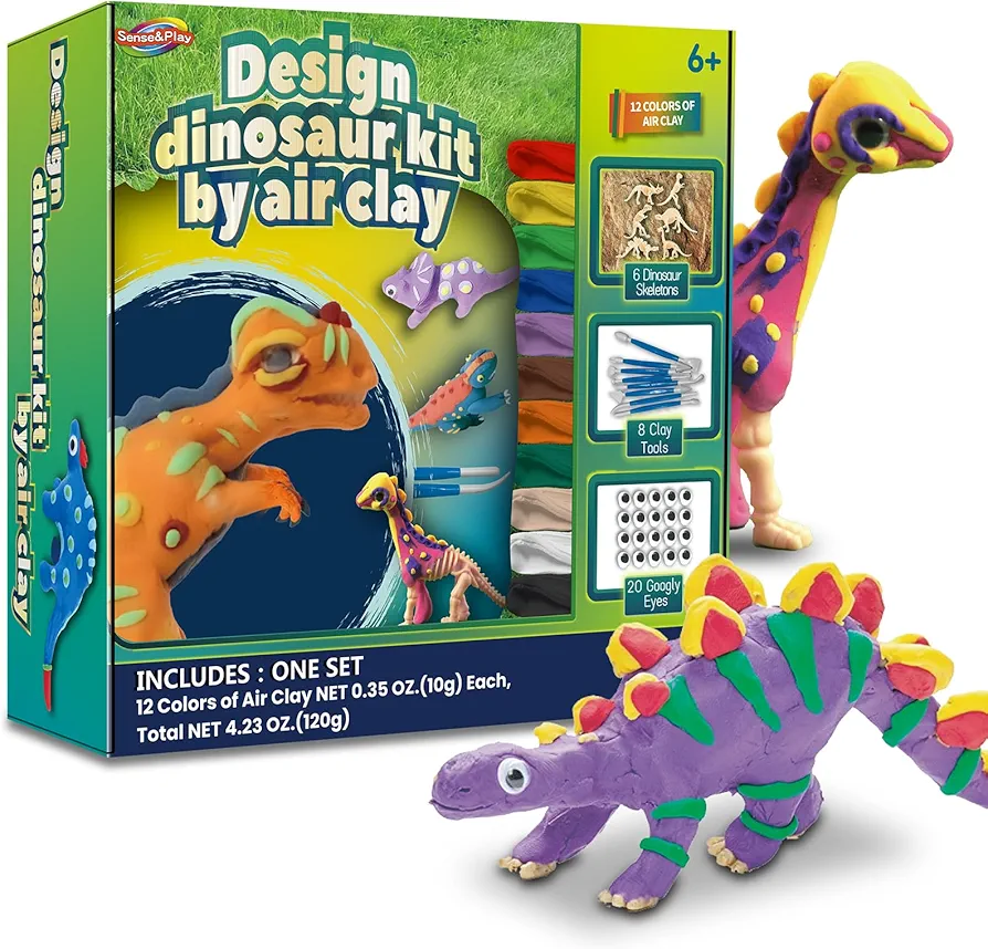 Sense&Play Dinosaur Arts & Crafts Air Dry Clay for Kids Kit with 12 Clay Colors Model Ultra-Light Soft Modeling Clay Kit Non-Toxic Arts & Crafts DIY Model Magic Clay Dino Gifts for Boys and Girls 6+