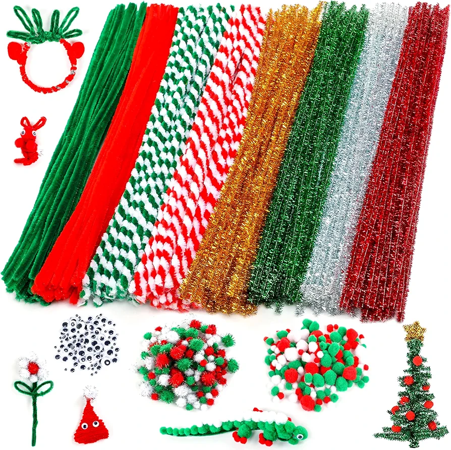 Christmas Pipe Cleaners,700 Pcs Pipe Cleaners Craft Set Including 200 Pcs Pipe Cleaners,400 Pcs Pom Poms Balls,100Pcs Wiggle Googly Eyes Self Adhesive Suitable for Home&School DIY Art Crafts