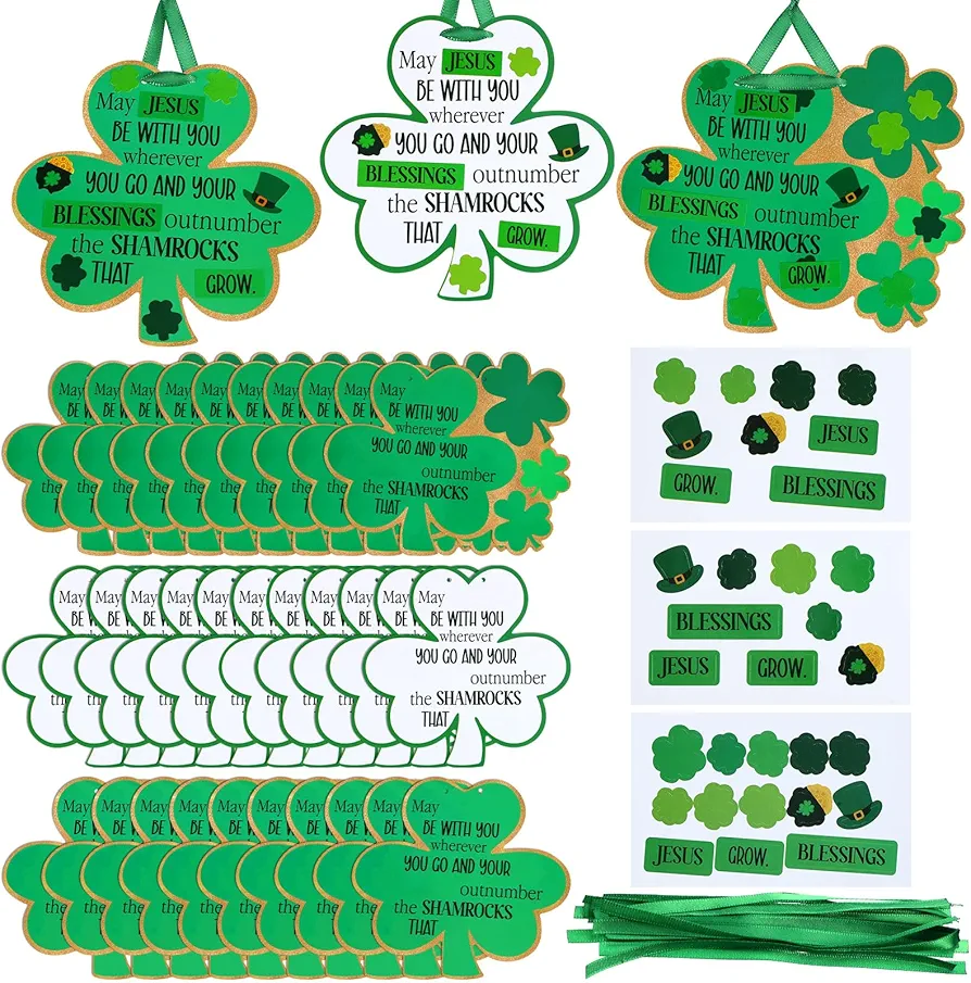 30 Set Religious St. Patrick's Day Crafts for Kids DIY Shamrock Hanging Ornaments Clover Craft Irish Green Decoration Christian Cutouts for Sunday School Irish Party Supply